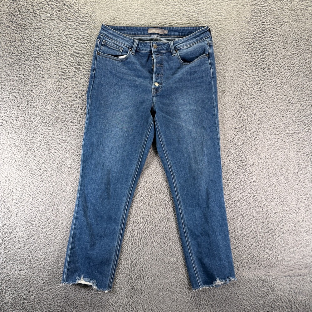 Just USA Jeans Women 12 Blue Cotton Denim Straight Cropped Button-Fly Frayed Hem